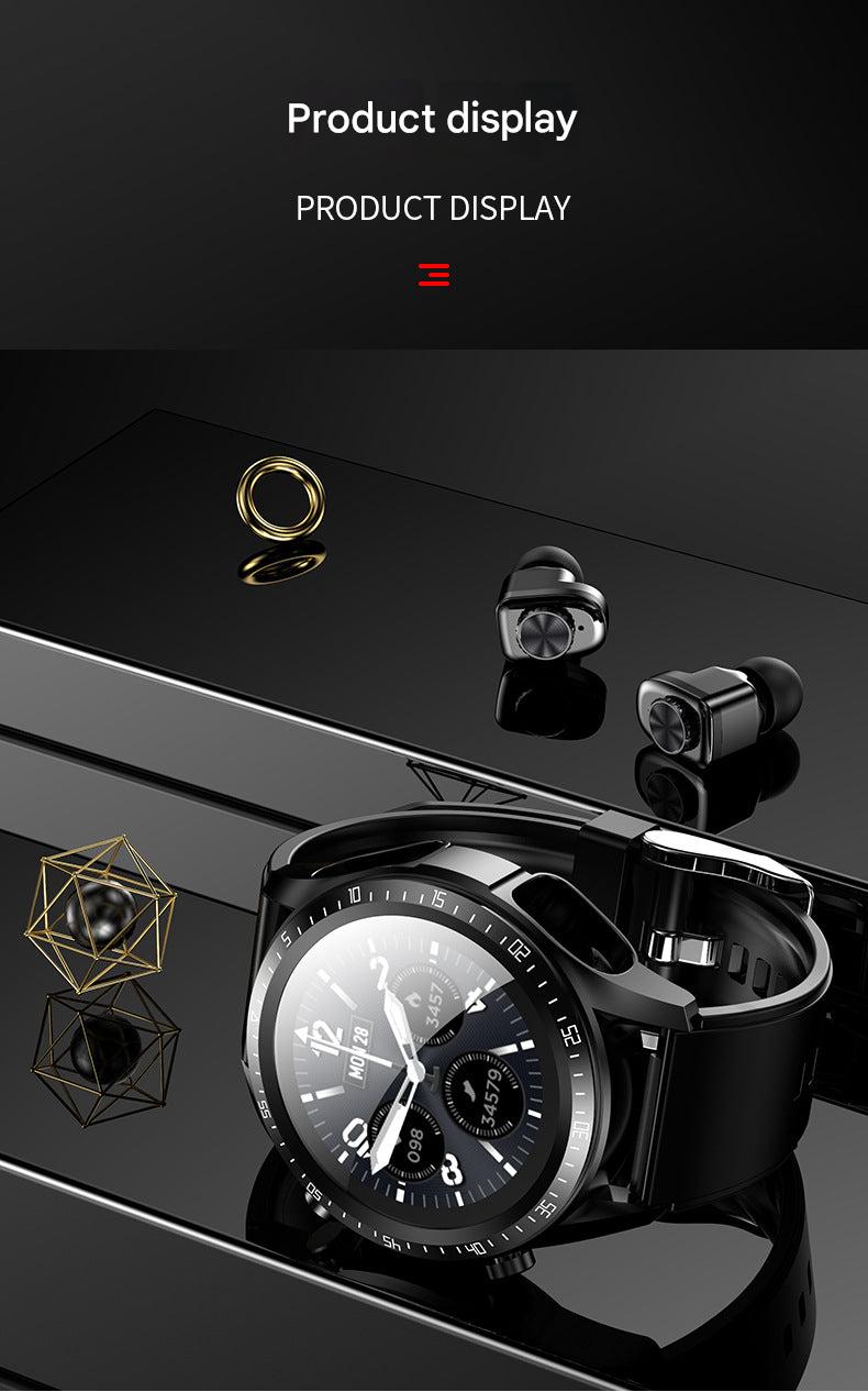 Smartwatch with earbuds in charging case