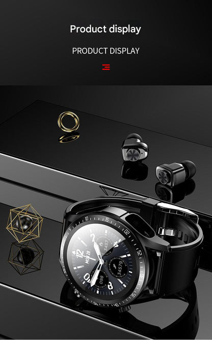 Smartwatch with earbuds in charging case