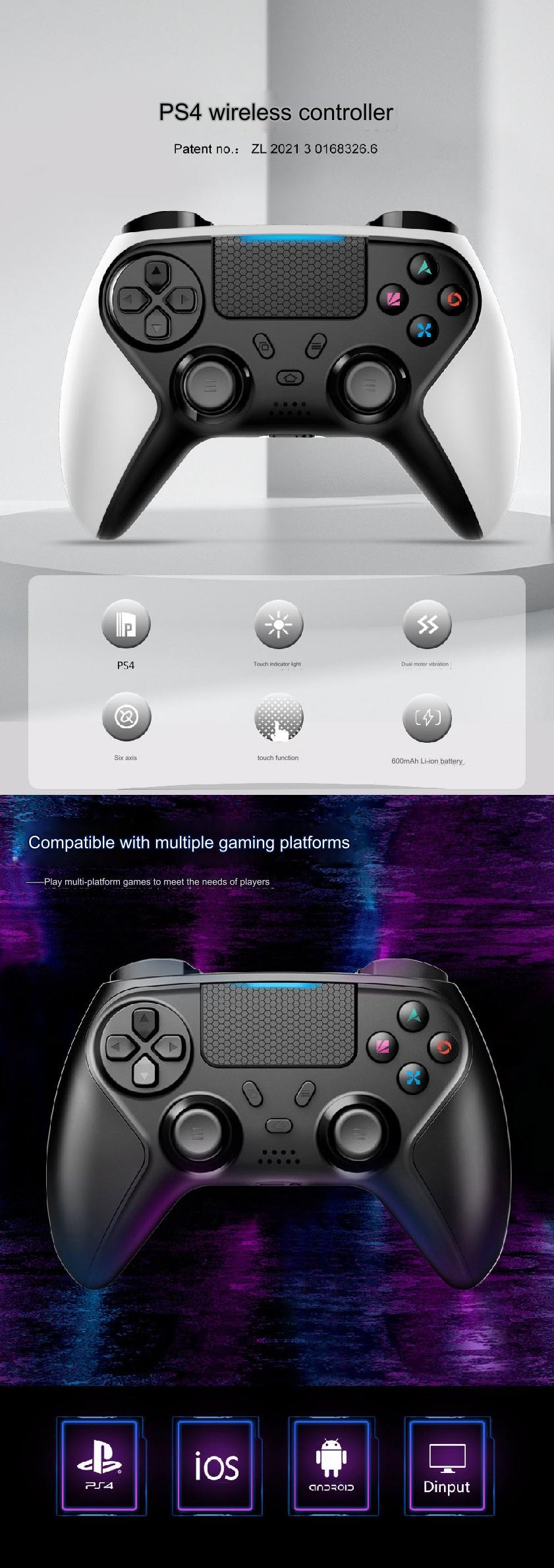 Wireless Bluetooth Game Controller for PS4 - Enhanced Vibration & Touch Light