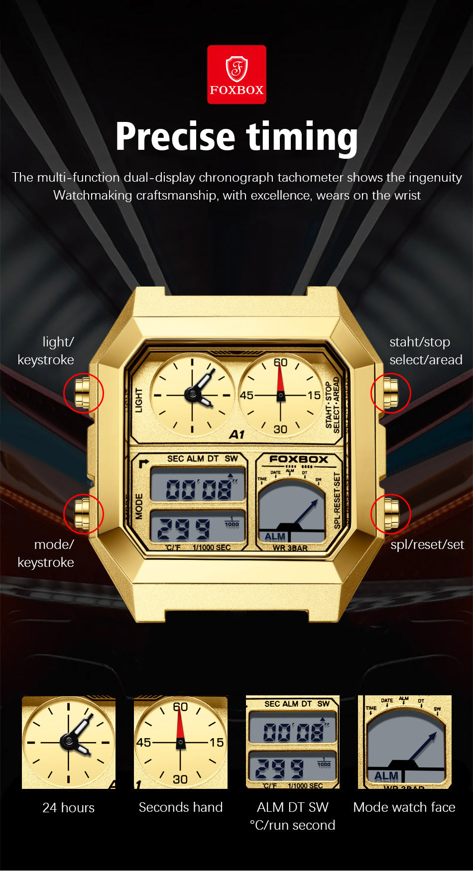 stylish men's watch in gold and black color
