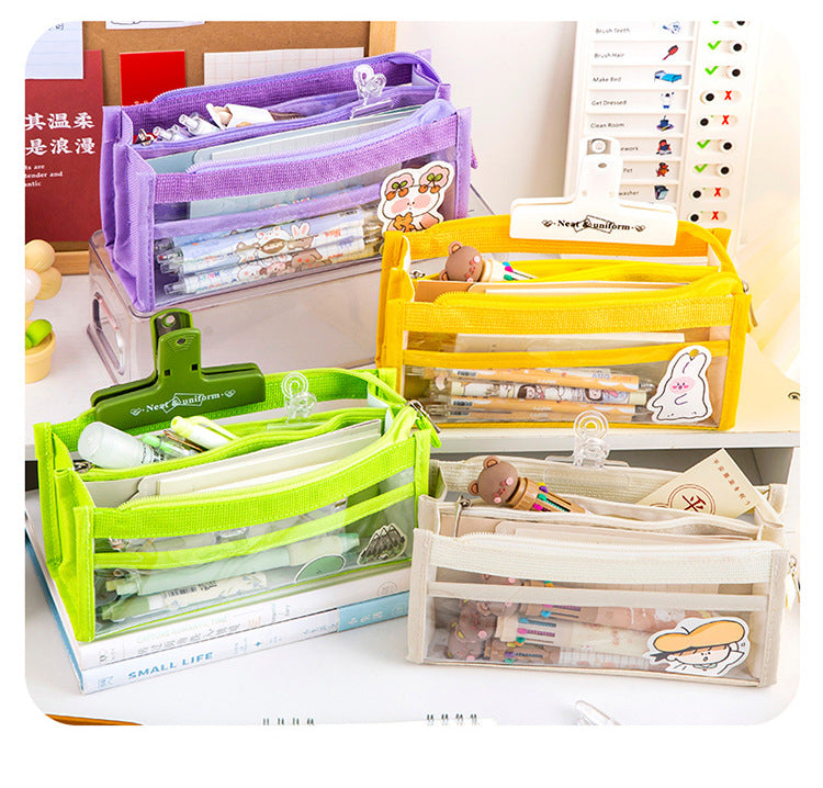 open mesh pencil case with stationery items