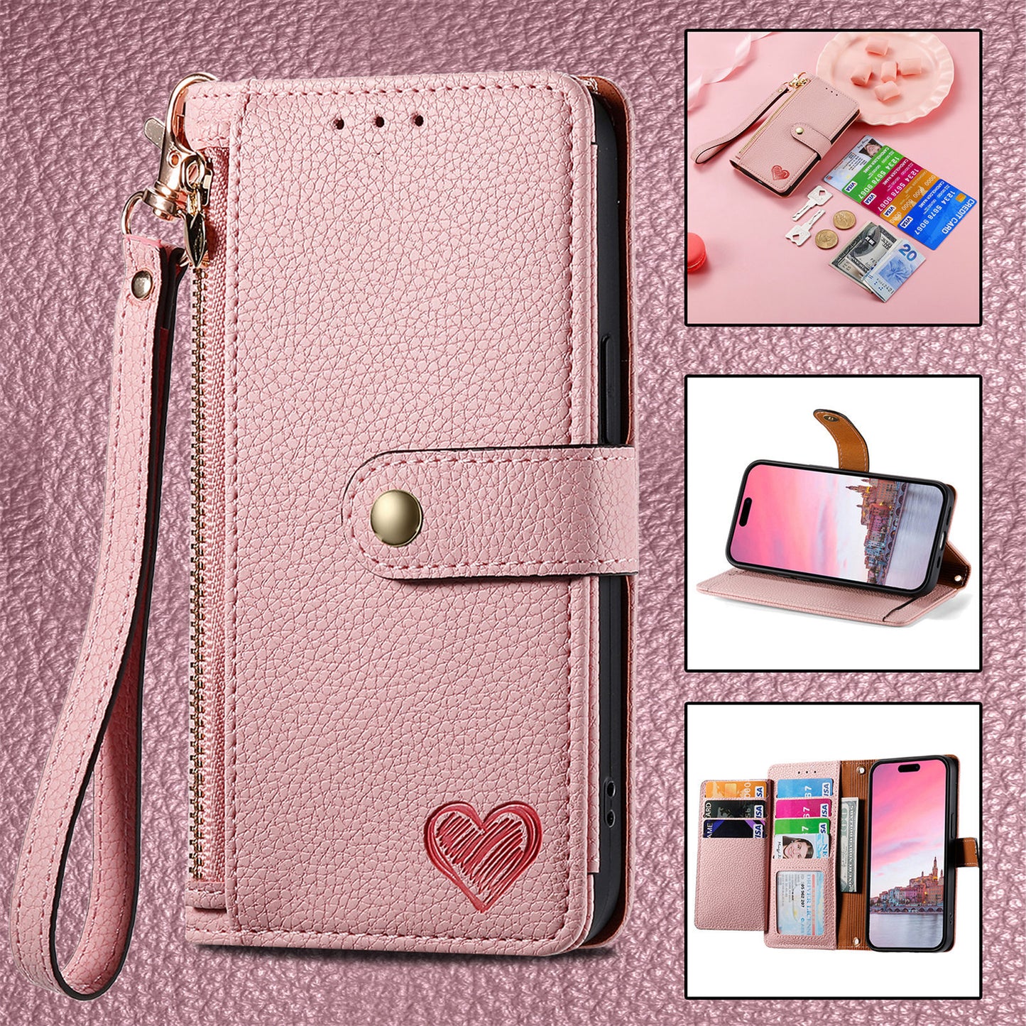 Stylish iPhone 16 Pro Max Heart-Shaped PU Leather Case with RFID Protection & Adjustable Strap