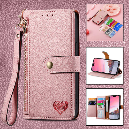 Stylish iPhone 16 Pro Max Heart-Shaped PU Leather Case with RFID Protection & Adjustable Strap