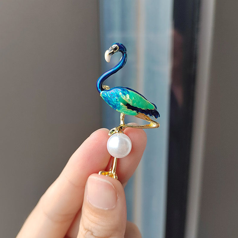 Blue Trendy Flamingo Brooch with Pearl