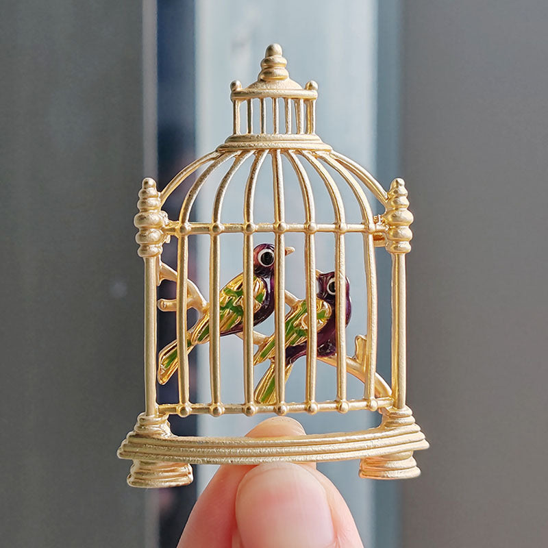 Elegant Vintage Birdcage Brooch with Bird Design