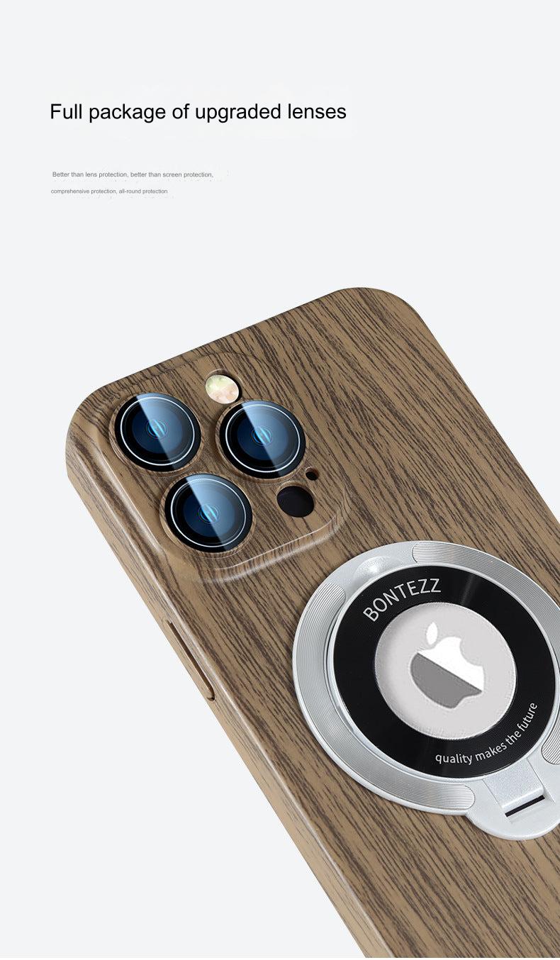 Stylish Magnetic Phone Case with Stand for iPhone 14/15 - All-Weather Protection & Premium Wood Finish