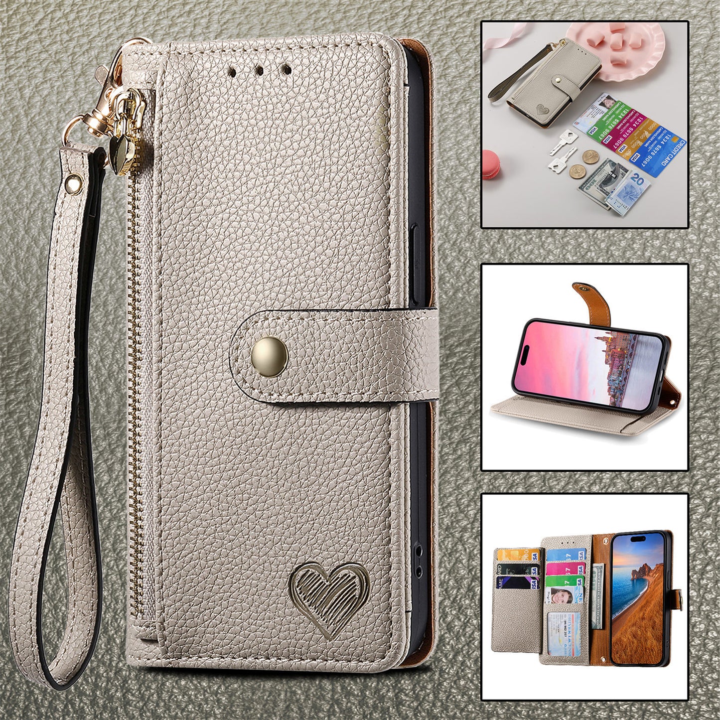 Stylish iPhone 16 Pro Max Heart-Shaped PU Leather Case with RFID Protection & Adjustable Strap