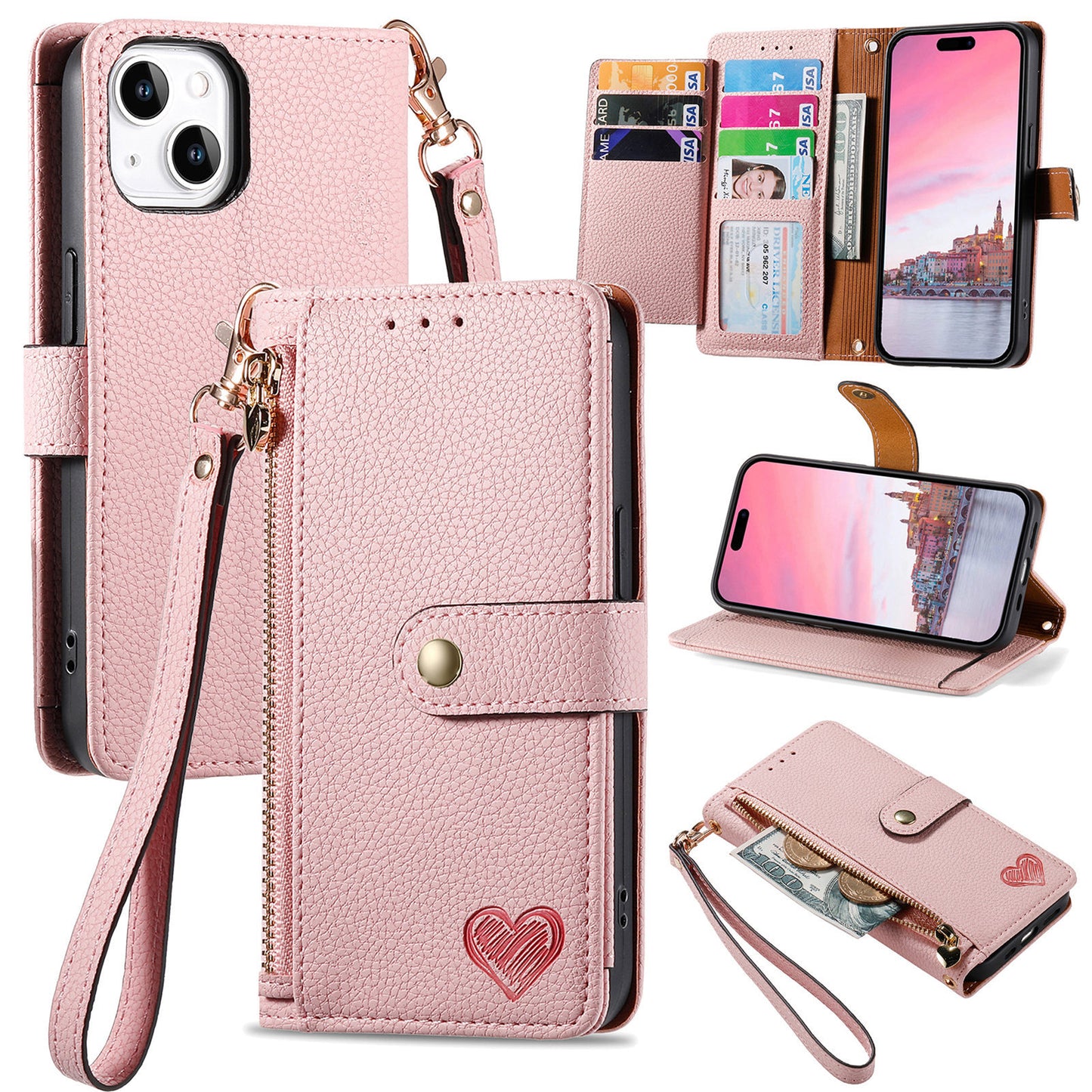 Stylish iPhone 16 Pro Max Heart-Shaped PU Leather Case with RFID Protection & Adjustable Strap