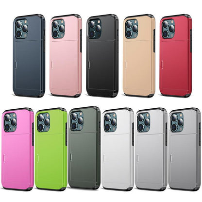 Versatile Shockproof Sliding Card Case for iPhone & Samsung - Durable PC+TPU with Multiple Colors