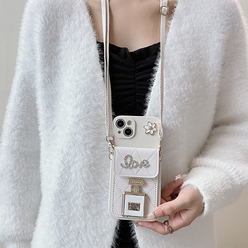 Elegant Crystal Perfume Bottle iPhone Crossbody Case - Wallet Style with Mirror