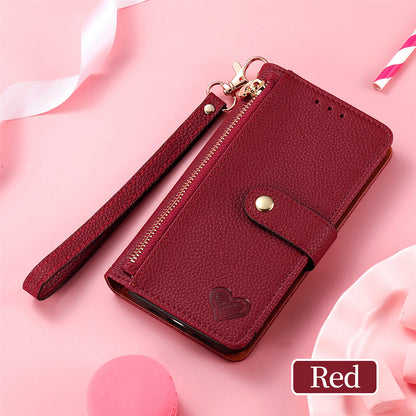 Stylish iPhone 16 Pro Max Heart-Shaped PU Leather Case with RFID Protection & Adjustable Strap