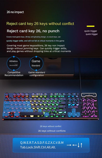 EWEADN GX330 Retro Punk Mechanical Gaming Keyboard & RGB Mouse Set - USB Wired, Ergonomic Design, 1600 DPI