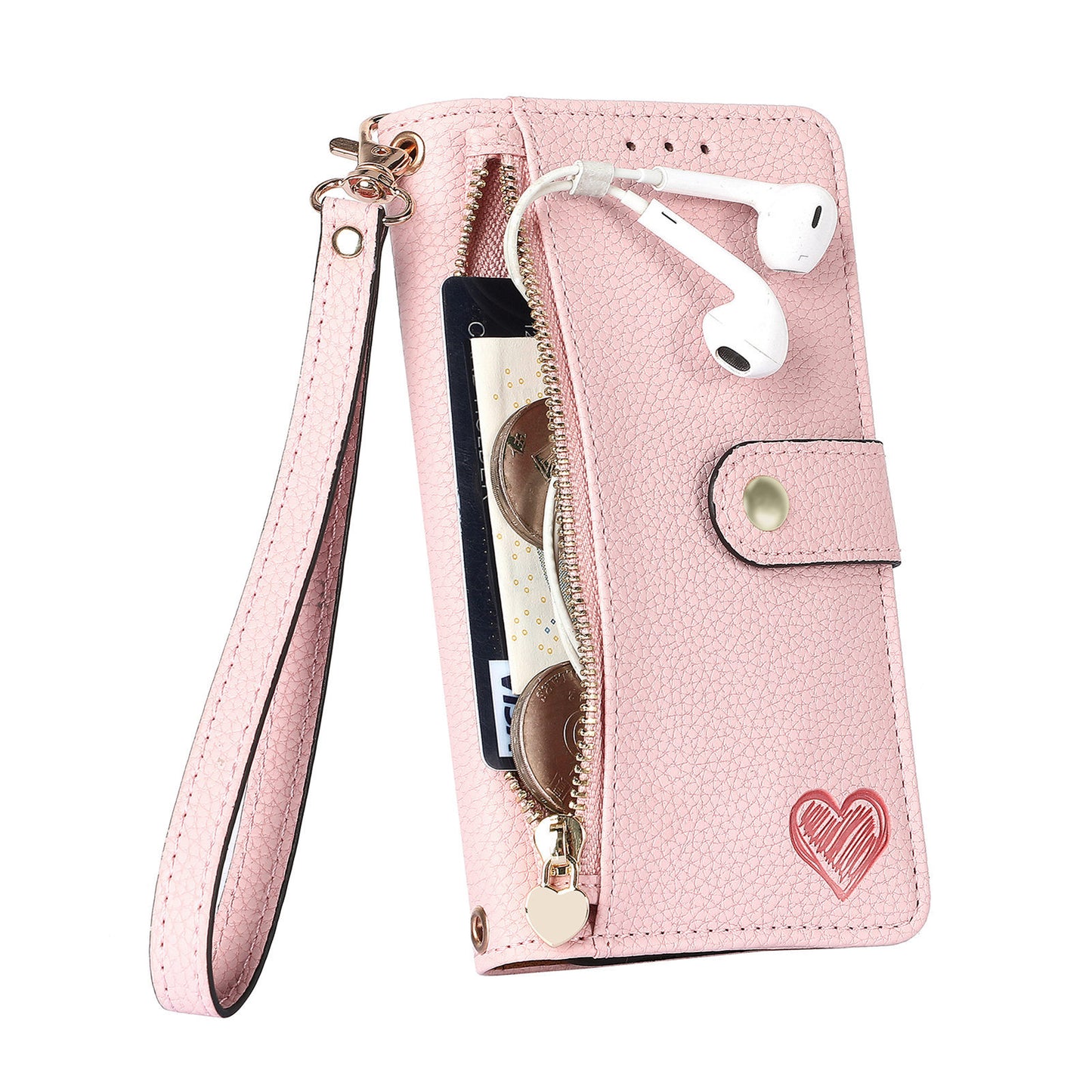 Stylish iPhone 16 Pro Max Heart-Shaped PU Leather Case with RFID Protection & Adjustable Strap