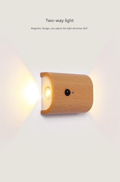 elegant LED night light with wood finish on wall