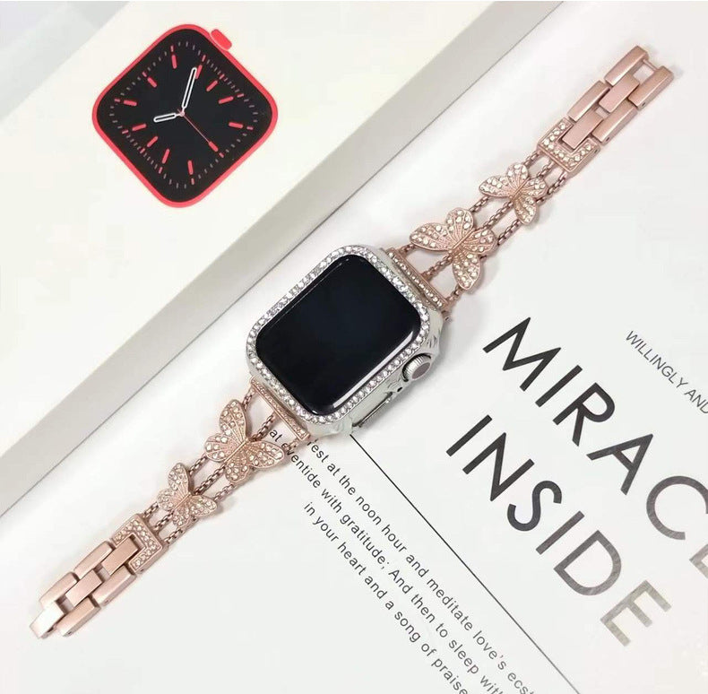 Luxury Butterfly Chain Watch Band for Apple Watch Series 7/8, Stylish Metal Bracelet with Crystals, Compatible with 38mm to 49mm Models