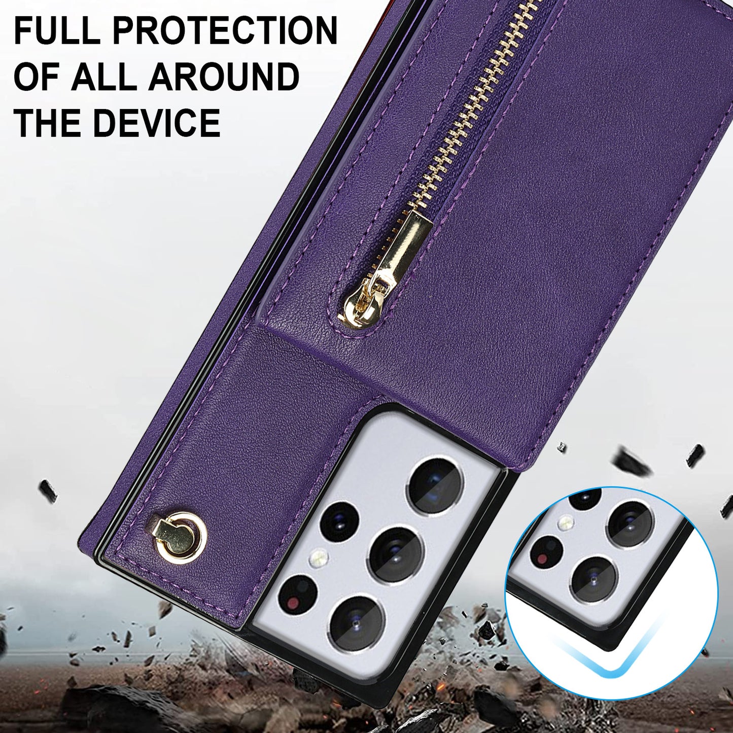 Premium Wallet Case for Samsung Galaxy S24 & S23 Ultra with Zipper, Flexible TPU & Leather, Crossbody Design, Black