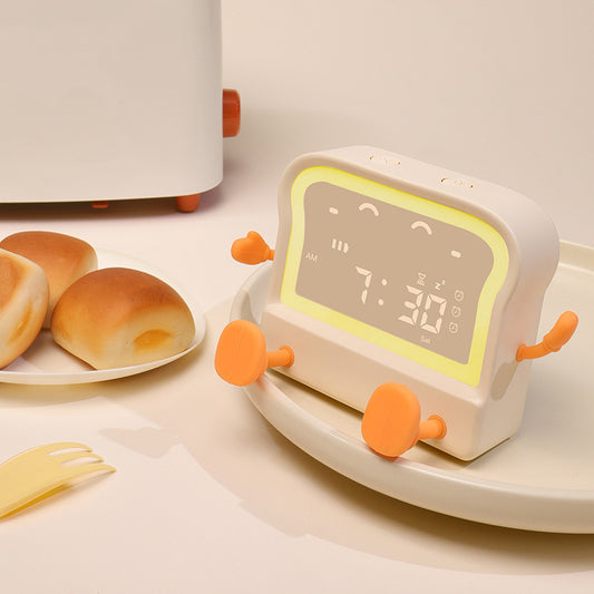 small white cartoon alarm clock front view