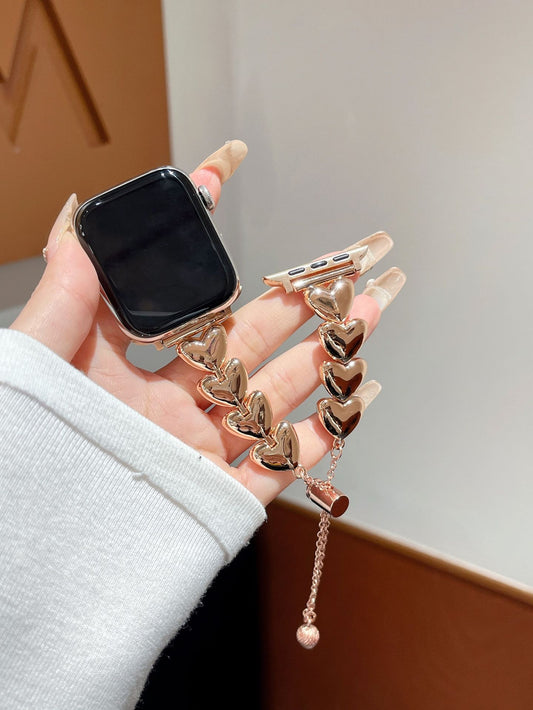 Stylish Metal Heart Link Bracelet for Apple Watch - Adjustable Fashion Band in Rose Gold, Black, Silver, and Gold