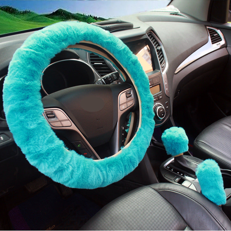 blue steering wheel cover with rabbit fur texture