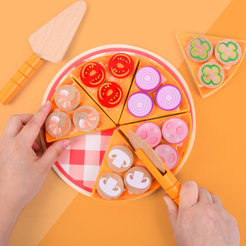 Durable wooden pizza toy with cutting tool