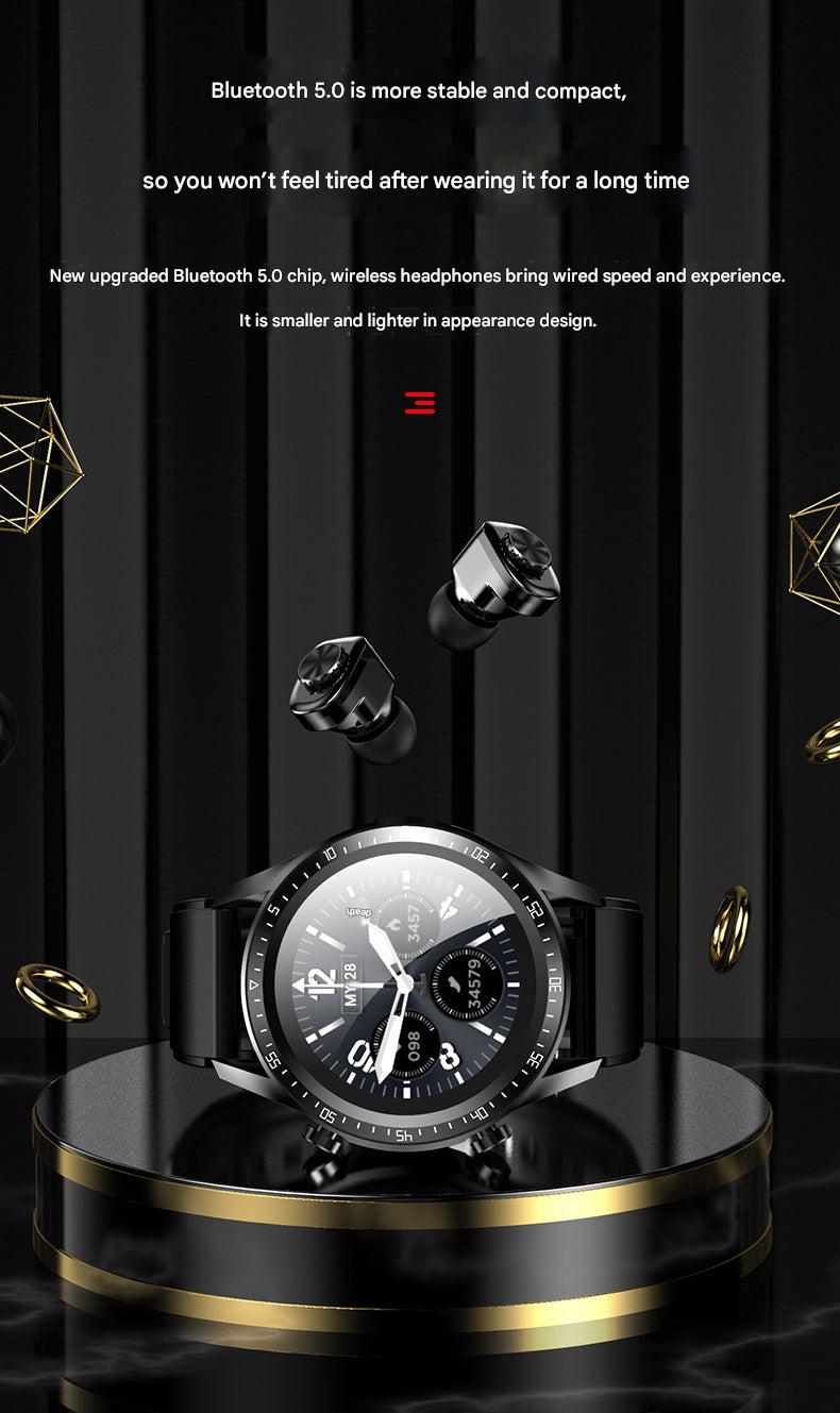 Smartwatch with earbuds in charging case